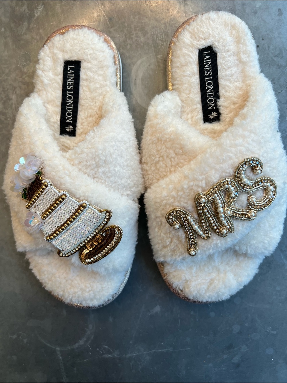 Women's Cream 'Mrs' Embellished Fuzzy Slippers